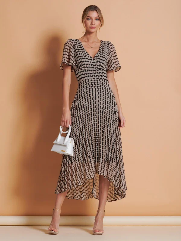 Angel Sleeve Pleated Chiffon Maxi Dress, Stone/Black Elegant Maxi Dress with Lace