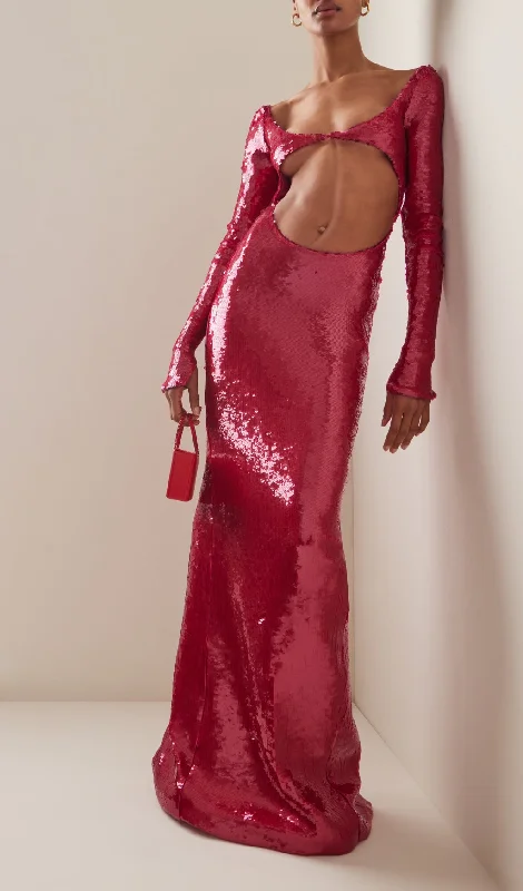 SEQUIN-EMBROIDERED CUT-OUT MAXI DRESS IN RED Comfortable Cotton Maxi Dress