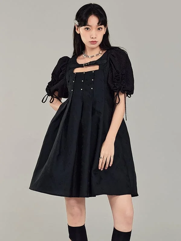 Black Leather Rivet Buckle Dress