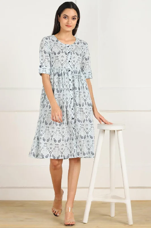 Blended Cotton Kalamkari Dress In Blue