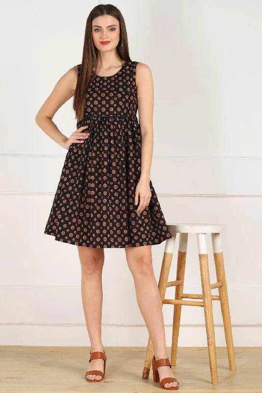 Blended Cotton Polka Dots Dress In Black