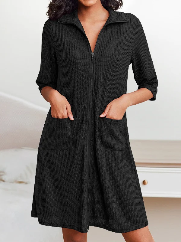 Blue Zone Planet |  Waffle-Knit Zip Up Half Sleeve Dress