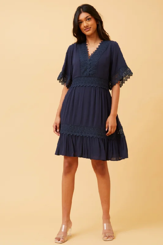 Caroline Morgan Boho Lace Trim Dress Navy 8