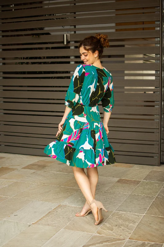 Fria Selma Short  Tiered Green Dress Green Black Leaf 8