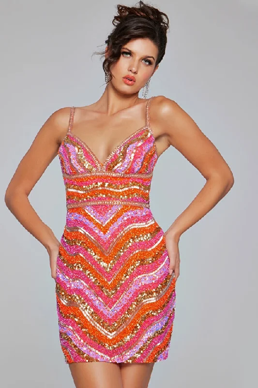 Jovani -39903 V-Neck Beaded Short Cocktail Dress