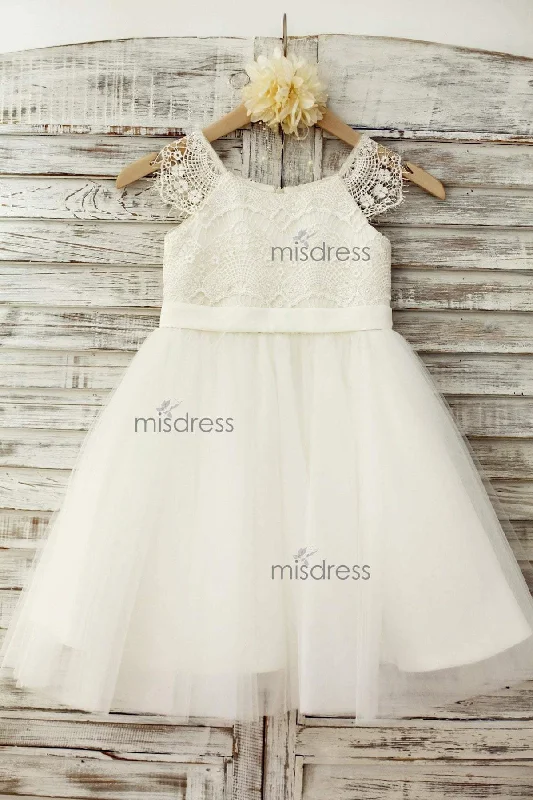 Lace Cap Sleeves Ivory Tulle TUTU Knee Length Flower Girl Dress