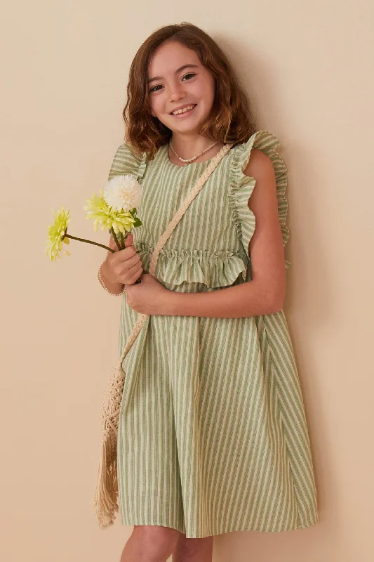 Linen Like Striped Button Detail Ruffled Dress