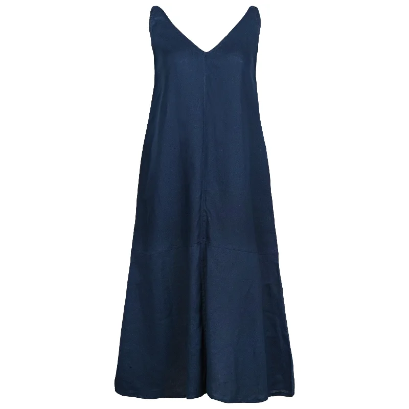 Navy Blue V-Collar Linen Dress