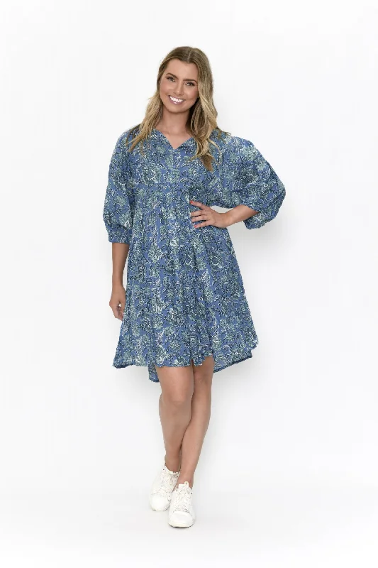 One Summer Fridia Boho Dress Blue Flower Abstract 10