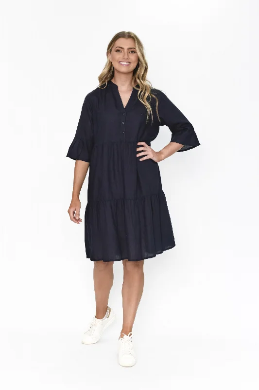 One Summer Maya Button Front Tiered Dress Navy 10