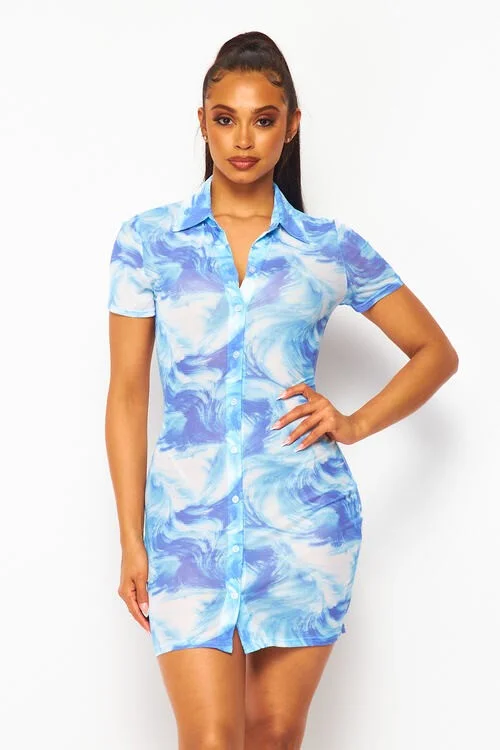 Open Air Printed Mesh Button Up Collared Dress
