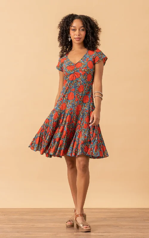 Paloma Dress, Short, Cap Sleeve, Turquoise & Orange Rose