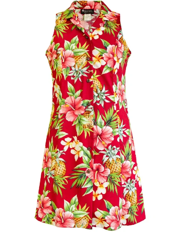 Princess Seam Button Front Dress Hibiscus Pineapples Valley