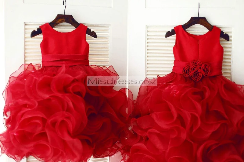 Ball Gown Red Satin Ruffle Organza TUTU Princess Flower Girl Dress