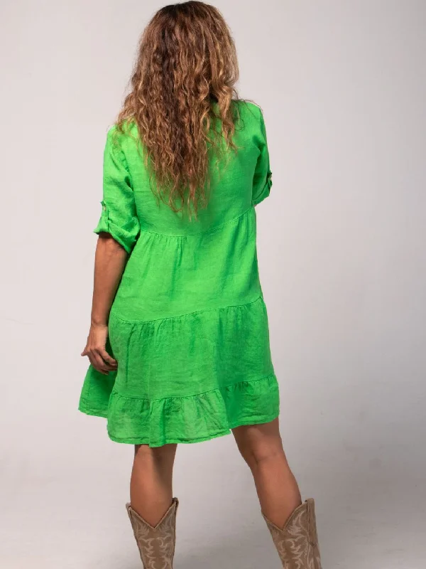 Short V Collared Linen Dress - Green