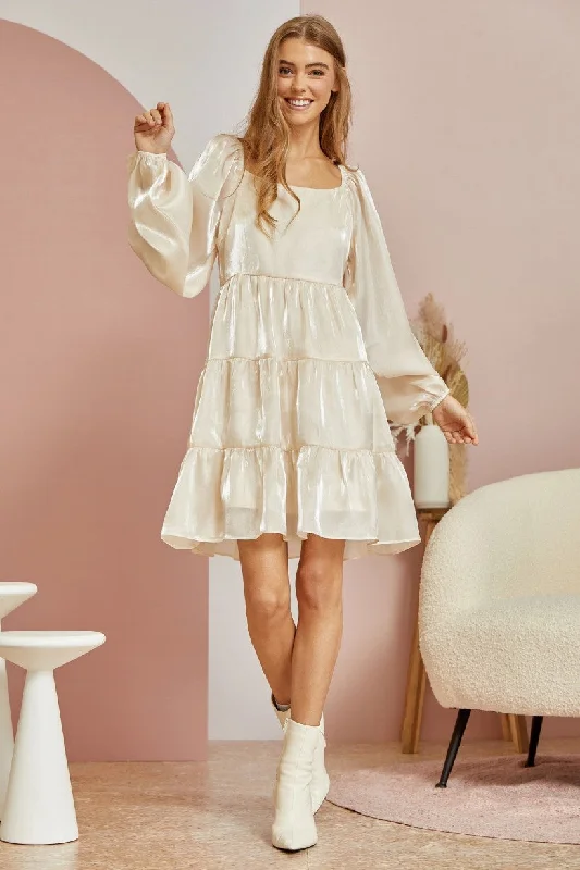 Silver Bells Square Neck Tiered Shimmer Dress Champagne