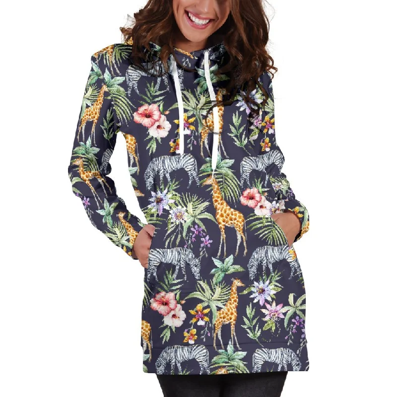 Tropical Zebra Giraffe Pattern Print Pullover Hoodie Dress