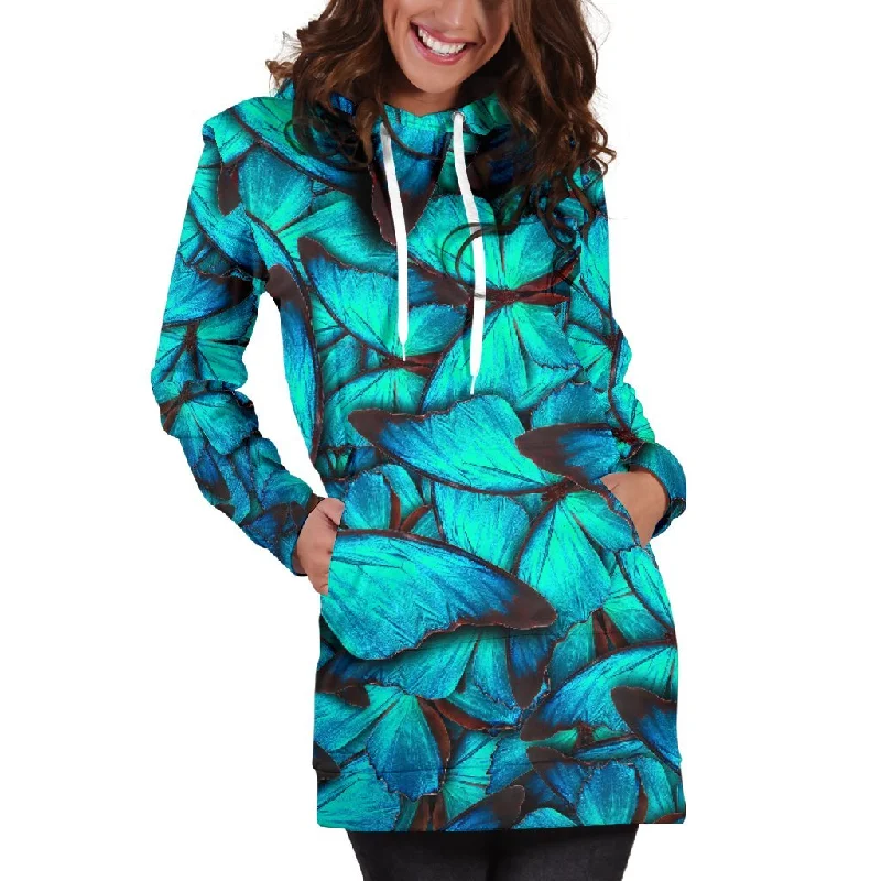 Turquoise Butterfly Pattern Print Pullover Hoodie Dress