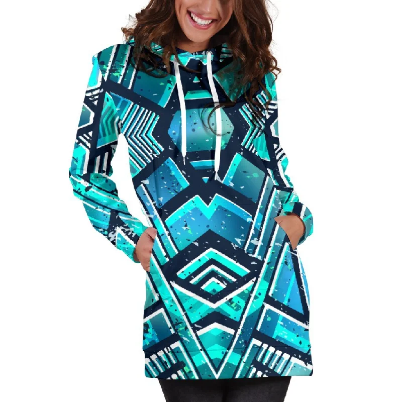 Turquoise Ethnic Aztec Trippy Print Pullover Hoodie Dress