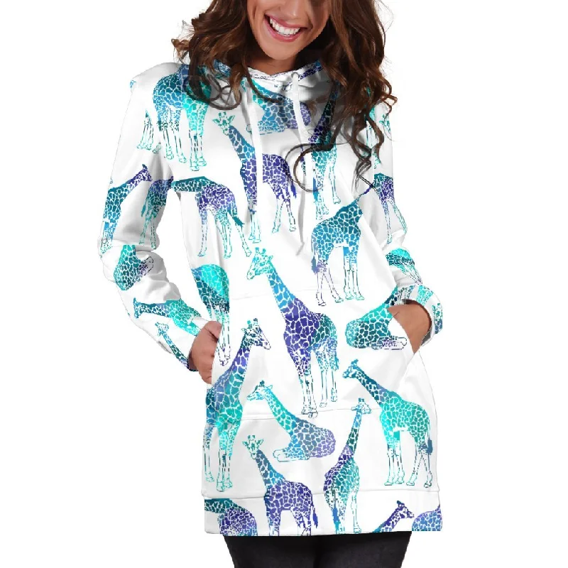 Turquoise Giraffe Pattern Print Pullover Hoodie Dress