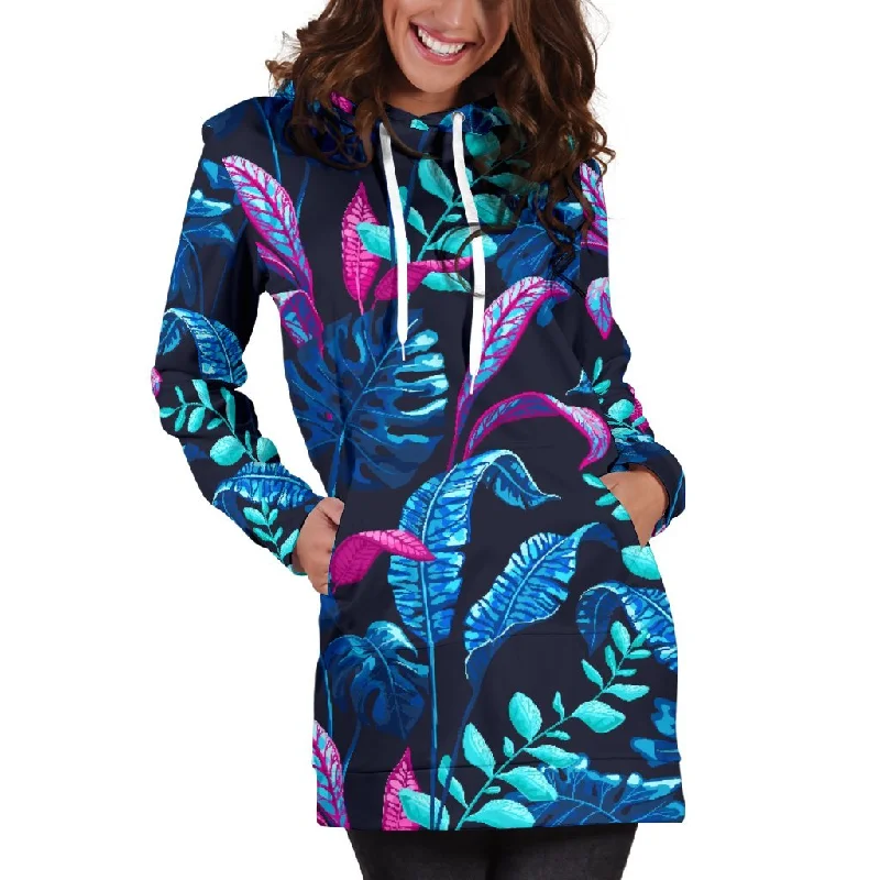 Turquoise Hawaii Tropical Pattern Print Pullover Hoodie Dress