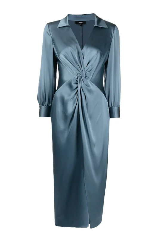 Twist Dress in Satin Frost Blue by Theory