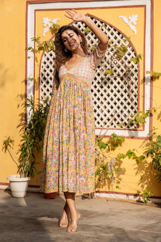 Yellow White Persian Nyra Cut Dress